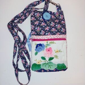 Vintage Handmade “Aunt Maryme’s Attic” Floral Crossbody Bag Purse Blue Pink